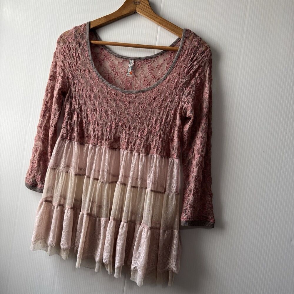 Free People Women XS Pink Lace Tiered Babydoll Tunic Top Boho Fairy Y2K Romantic - Picture 4 of 16